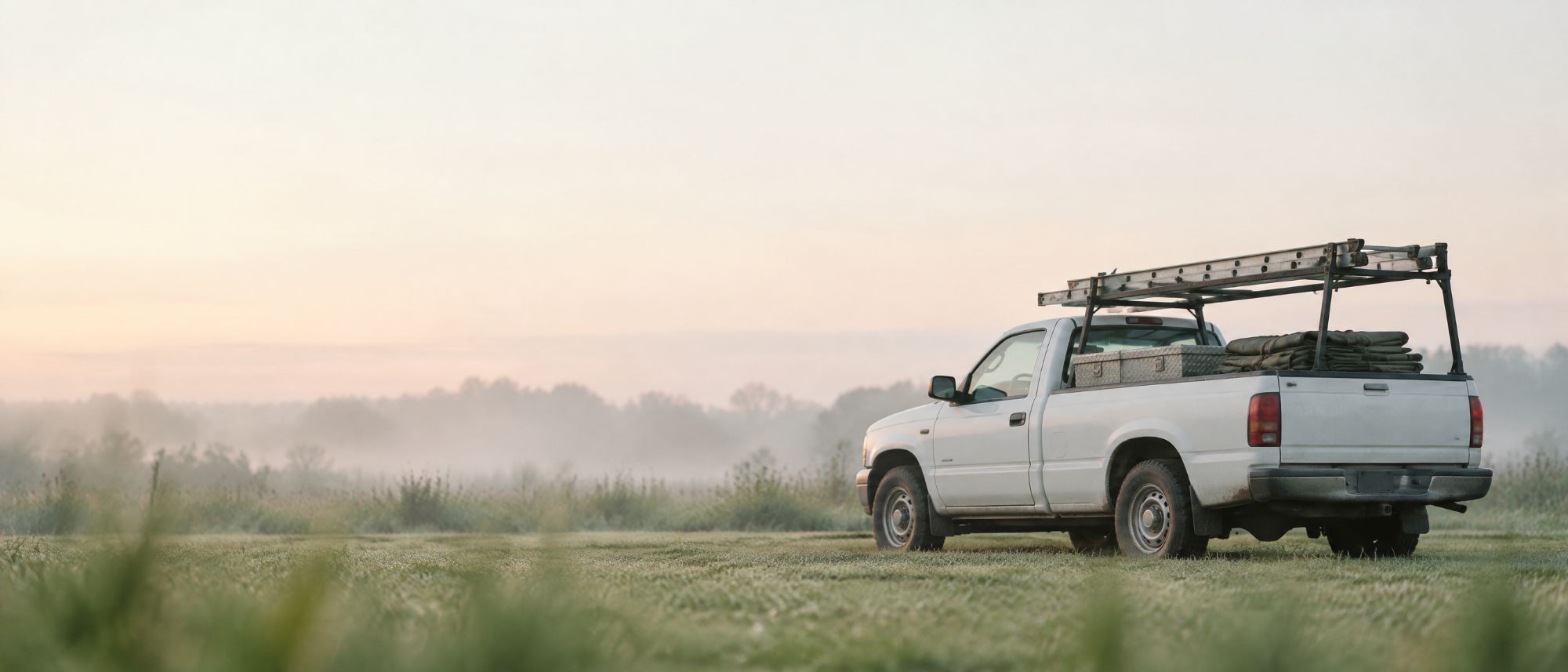 A work pickup with a ladder rack parked at the edge of a misty field at dawn