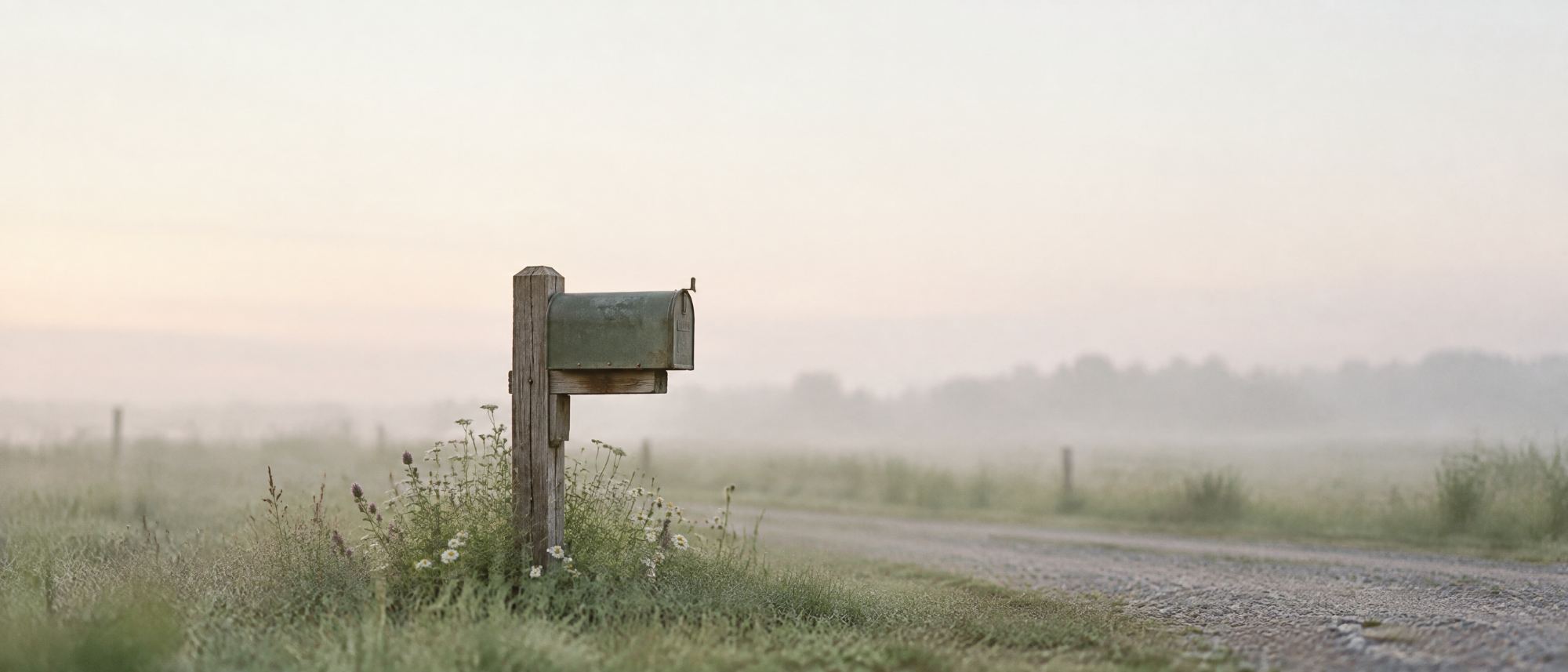 A rural mailbox on a wooden post at the end of a foggy gravel driveway