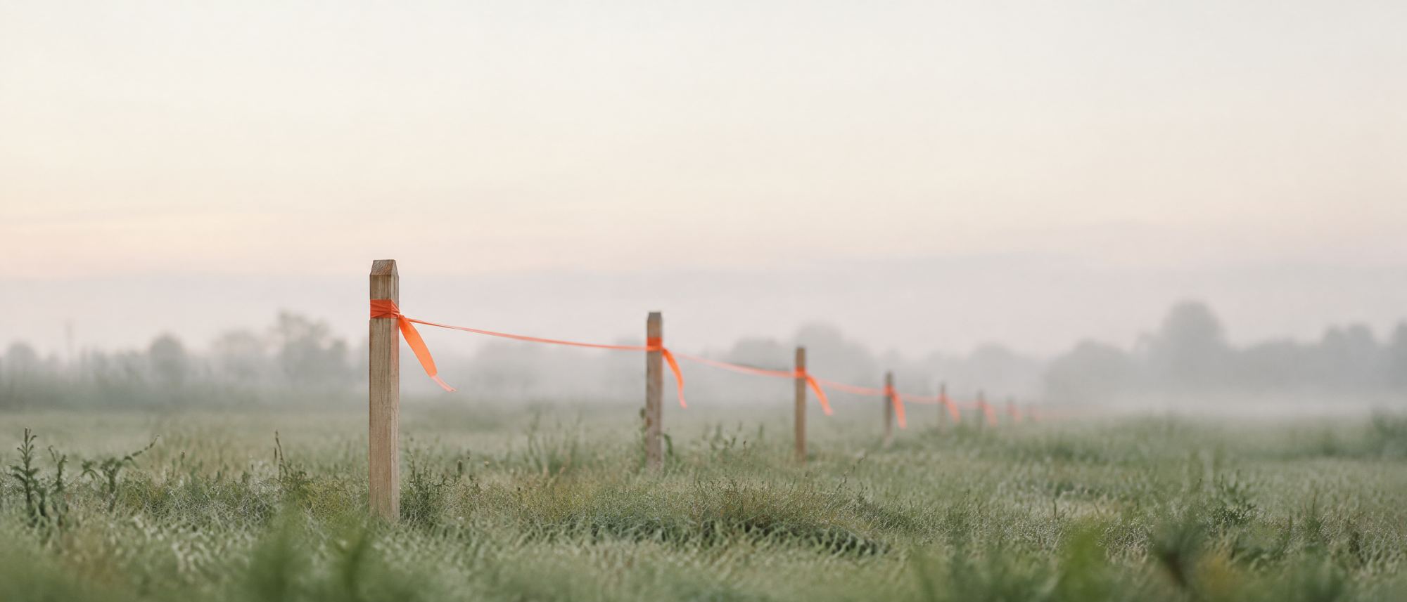 Wooden survey stakes with orange flagging tape marking a boundary across a misty field