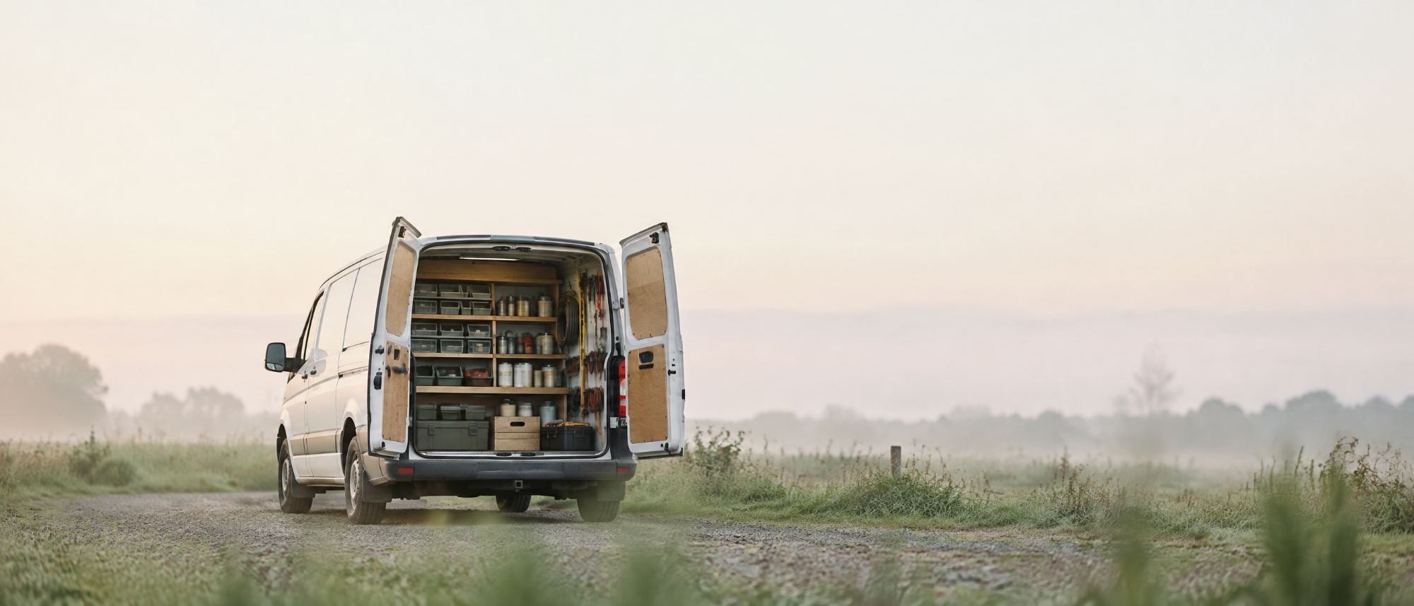 A work van with its rear doors open to organized shelves of tools, parked by a misty field