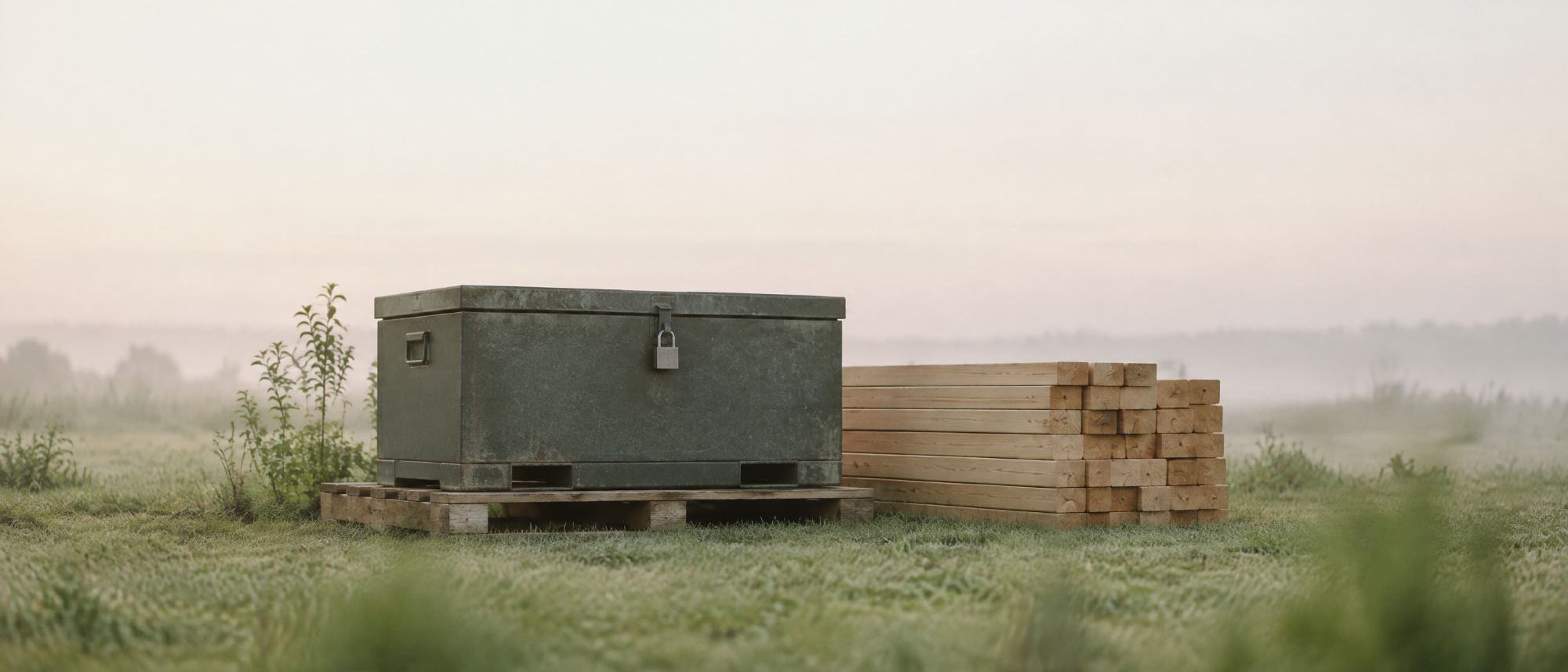 A padlocked steel job-site tool chest on a pallet in morning fog
